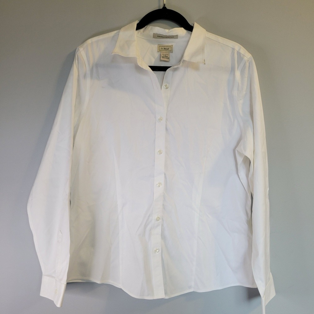 L.L. Bean Shirt Woman's Size Large White Long Sleeve Button Up Defect In Photos
